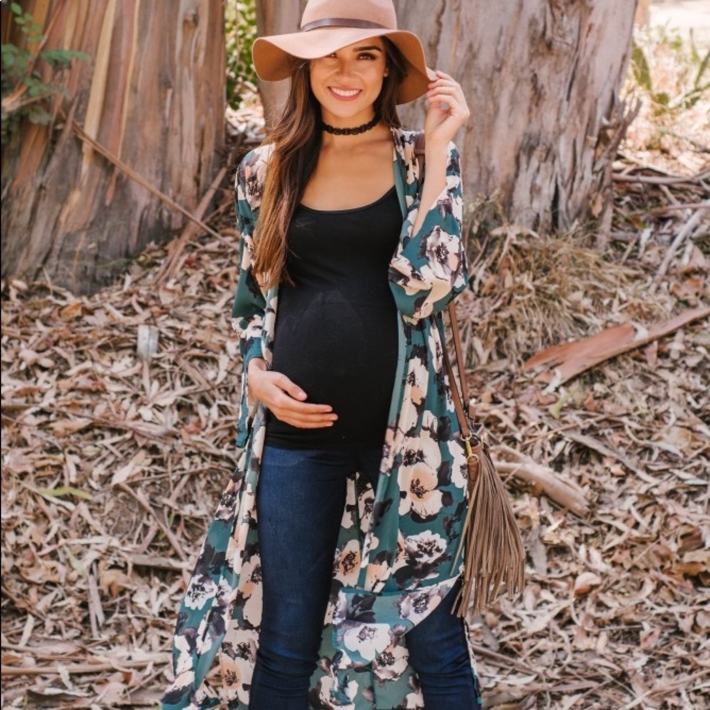 Green Floral Chiffon Maternity Kimono
